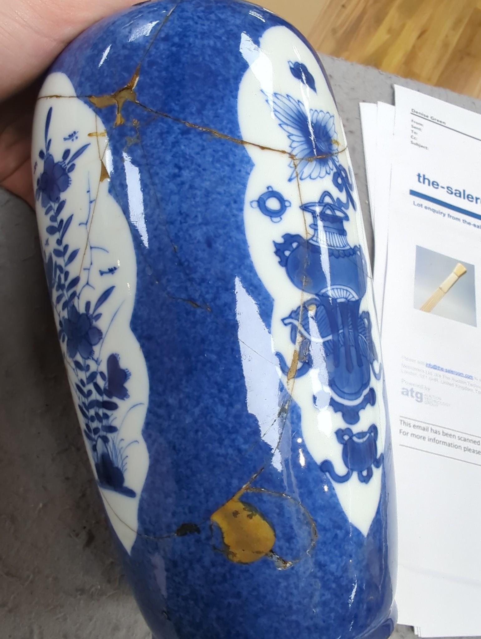 A Chinese blue and white ‘precious objects’ export vase, together with a Chinese powder blue export vase, open vignettes (a.f.) tallest 24.5cms